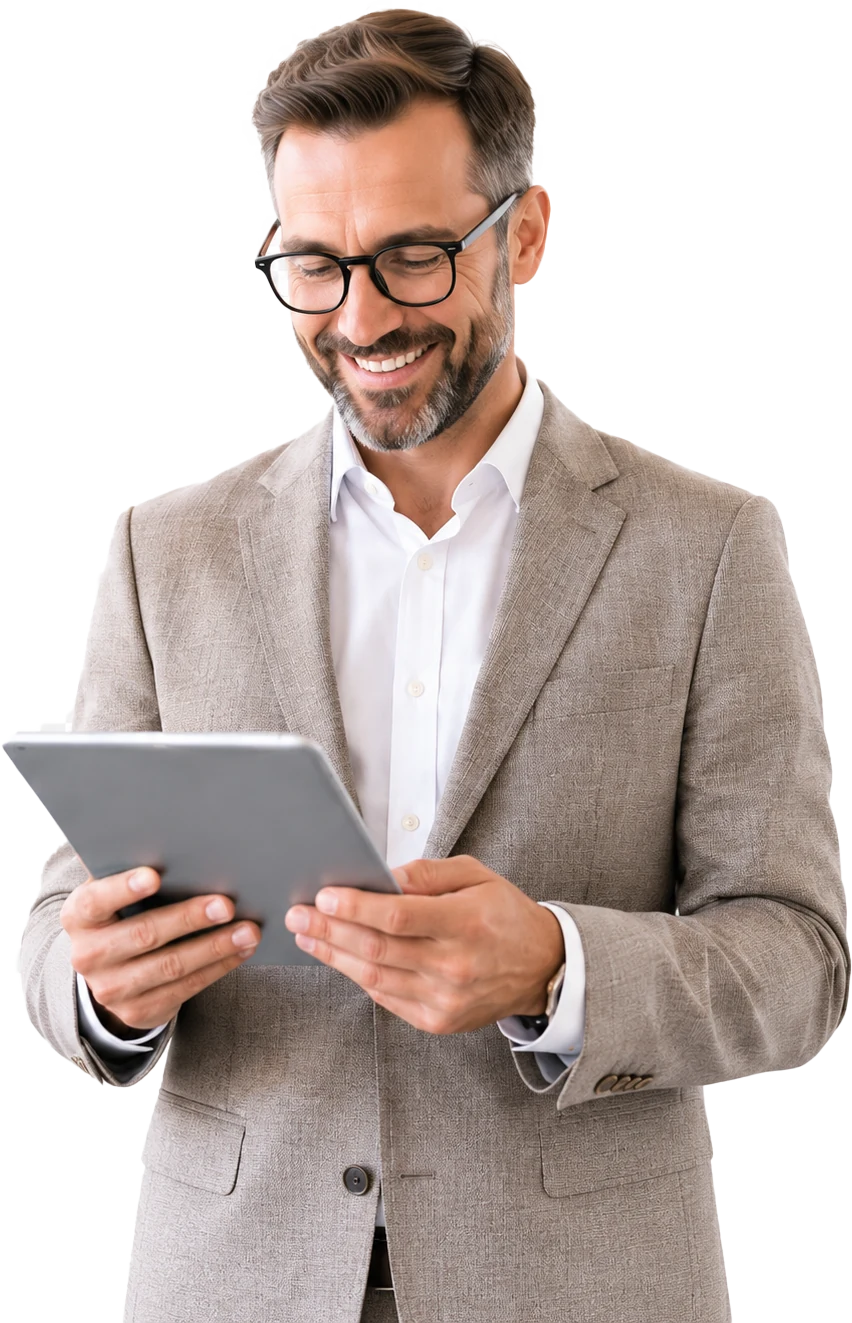 Gestor de hotel utilizando um tablet