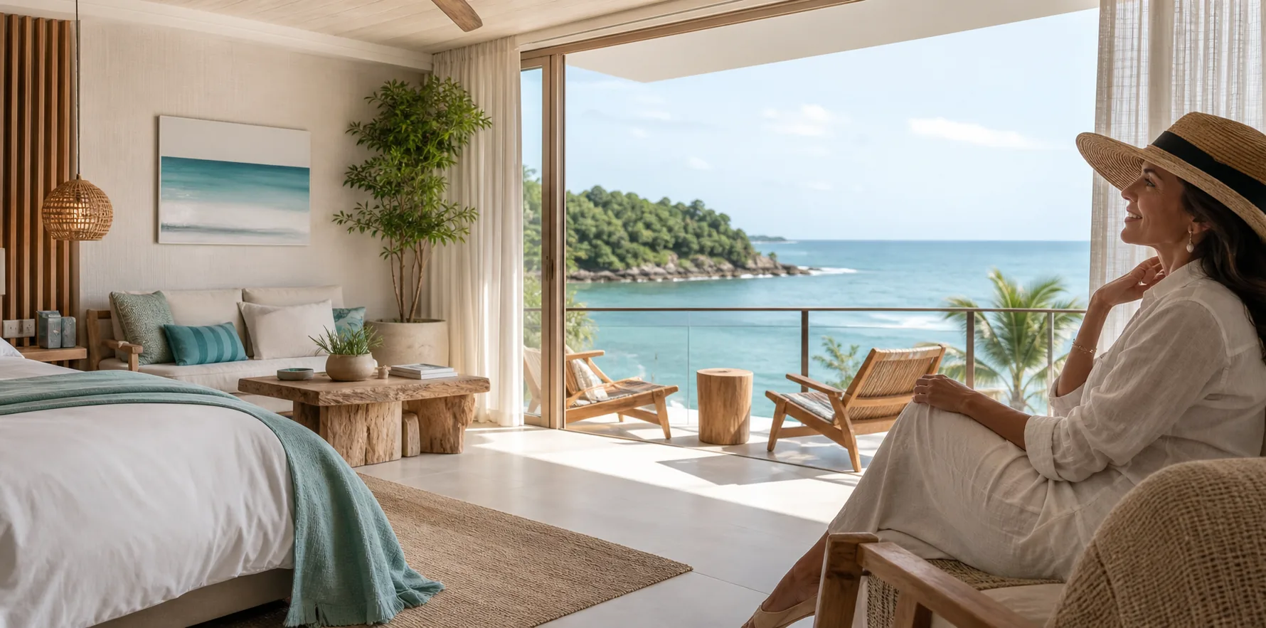 Suíte de hotel com varanda aberta para o mar e uma hóspede relaxando