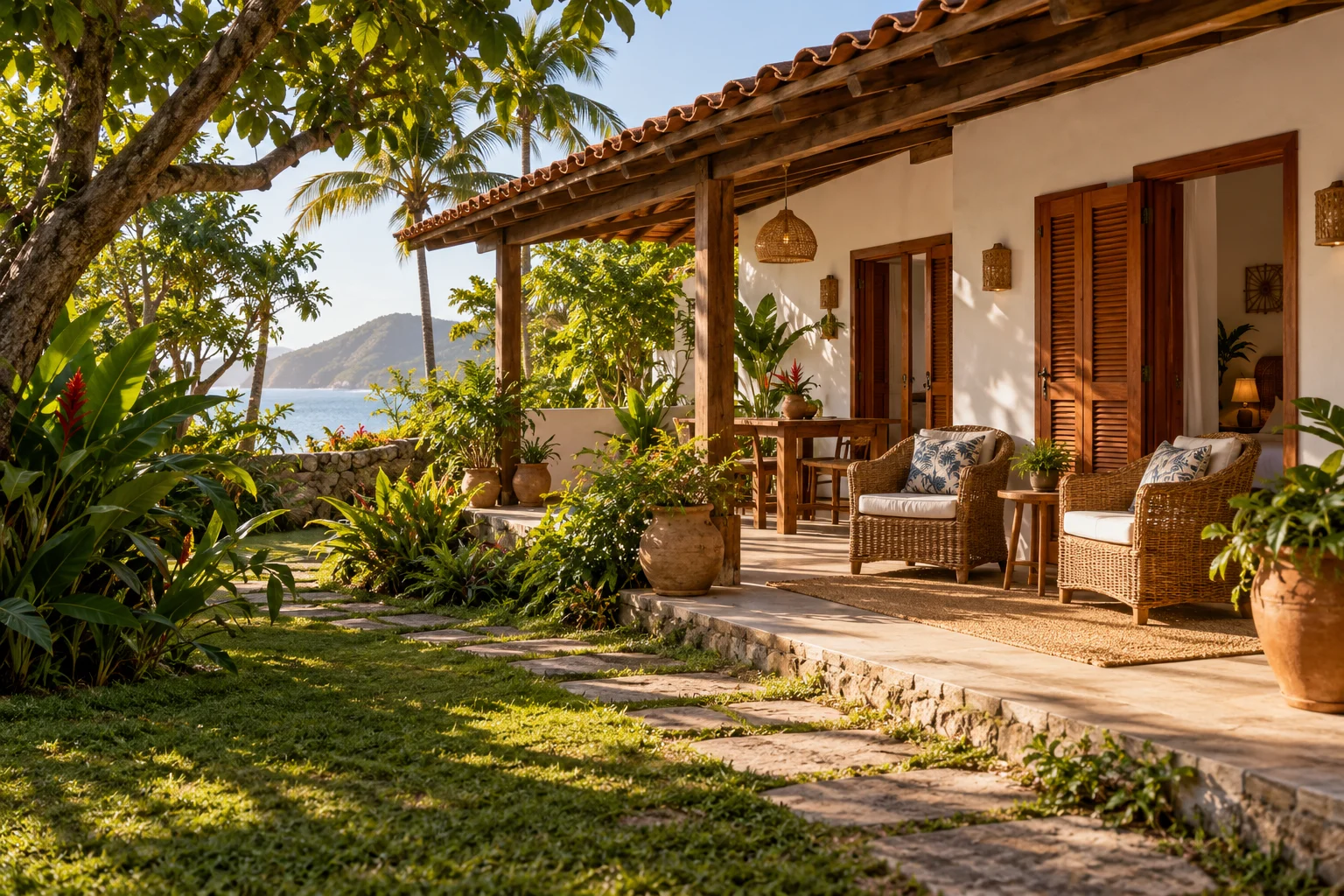 Jardim e área de convivência de uma pousada