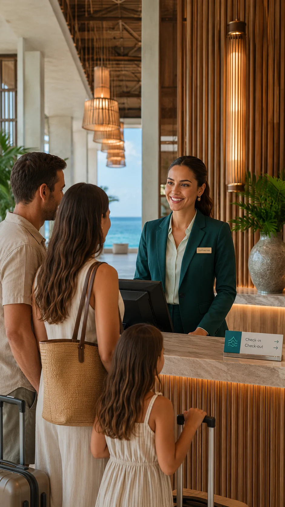 Recepcionista atendendo uma família que chega ao hotel com suas malas